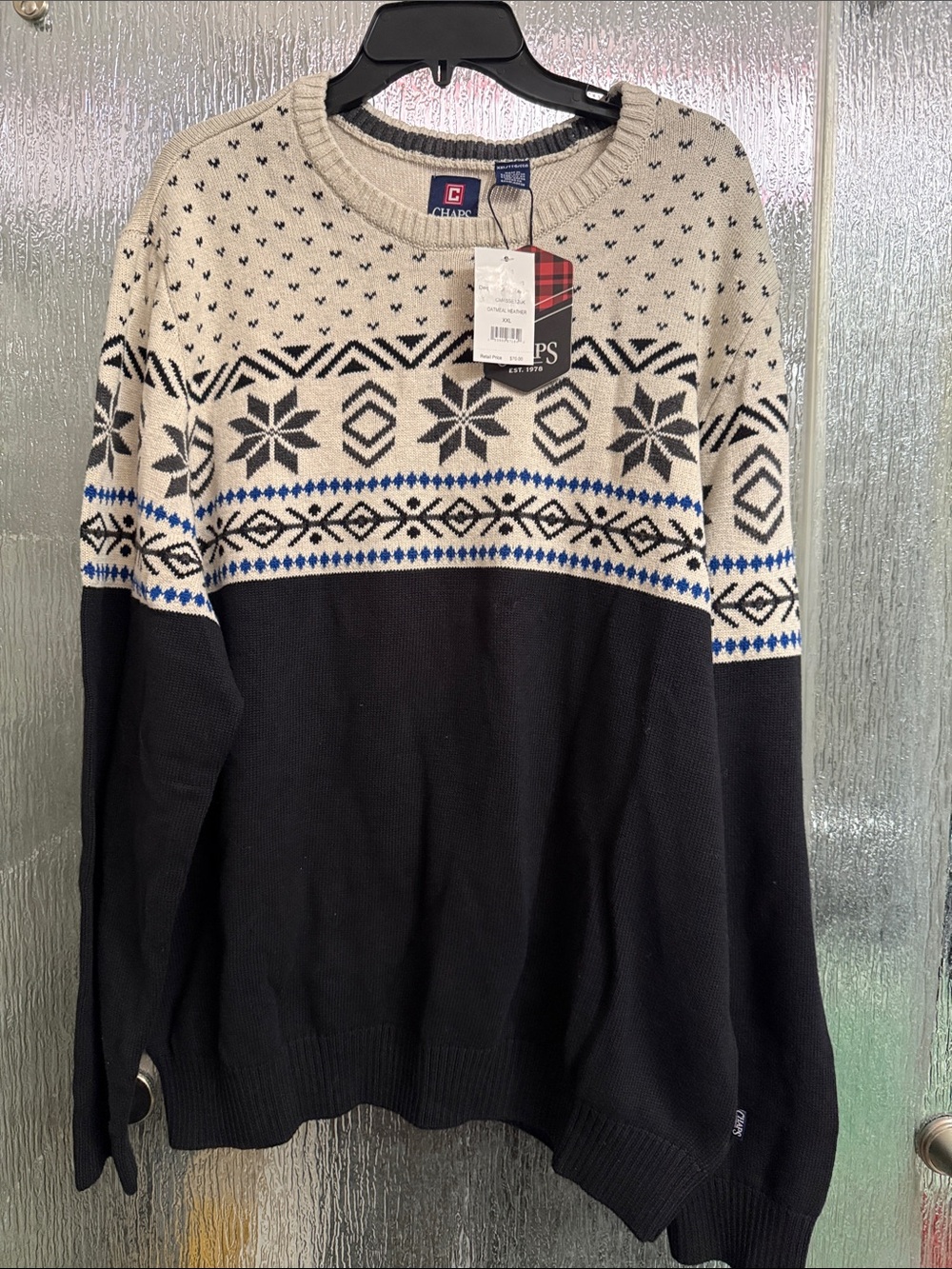 Chaps Men's Black, Cream & Blue Nordic Crewneck Sweater
